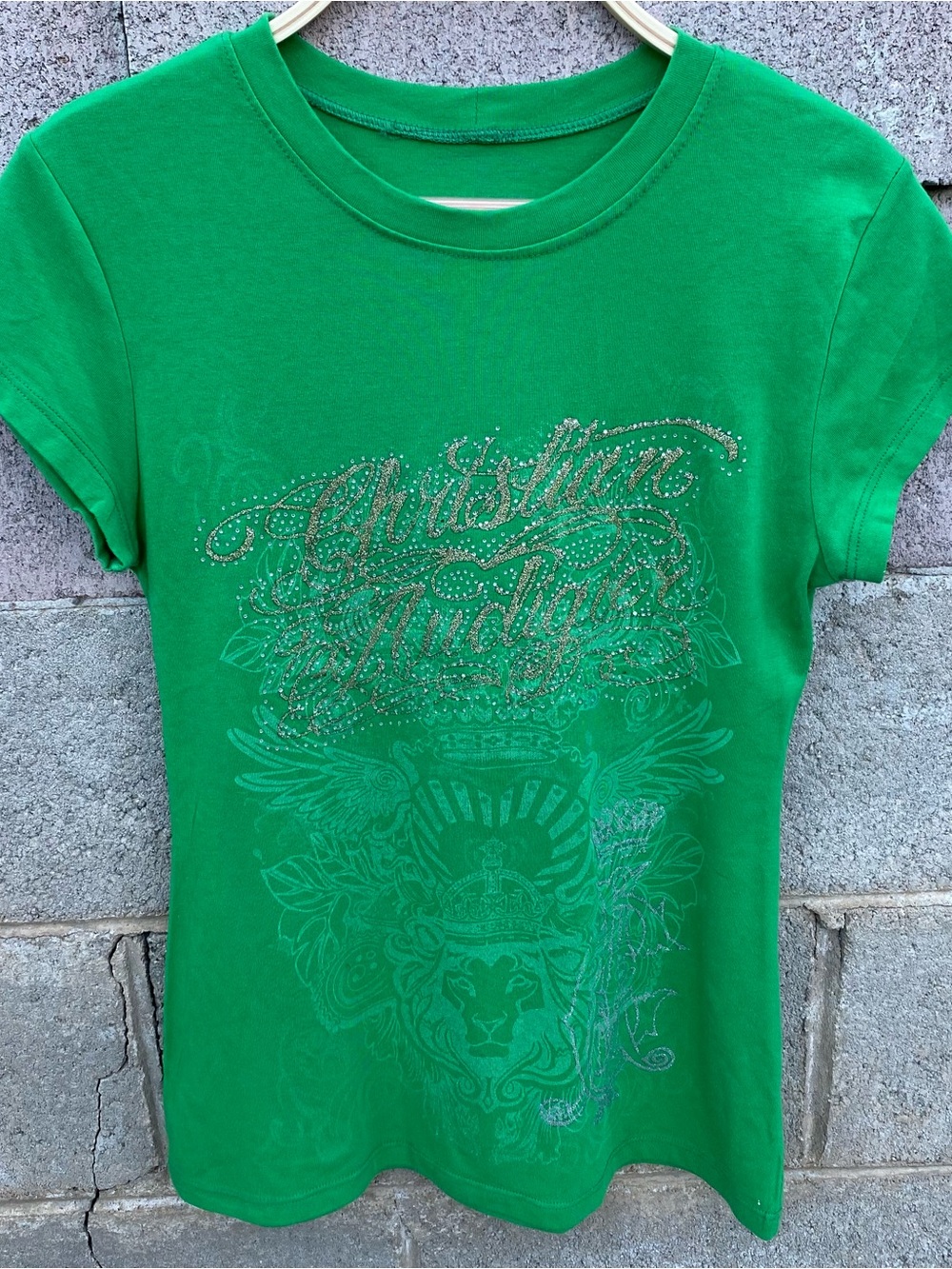 Christian Audigier Shirt Large Green Tattoo Angel Wings Y2K Rhinestones